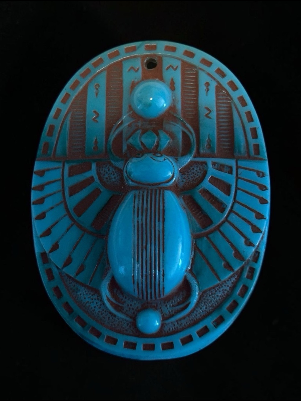 Art Deco Egyptian Revival Scarab Pendant Turquoise Color Molded Glass Jewelry